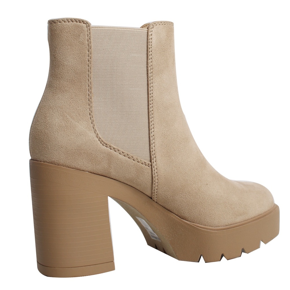 Light Wheat Faux Suede Chelsea Platform Block Heel Ankle Bootie - Picture 3 of 6